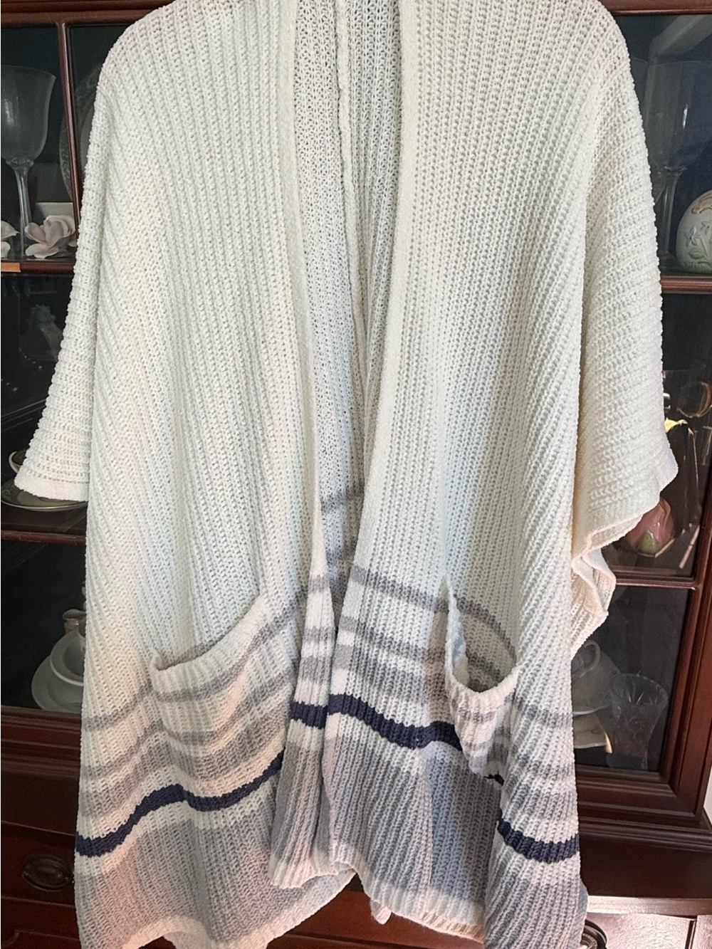 AERIE Cream Chunky Open Sweater/Wrap with Gray and Navy Stripes with pockets